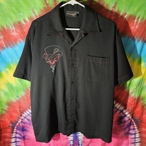 Men's STEADY Last Call Black Short-Sleeve Button-Up Shirt with Embroidered Devil